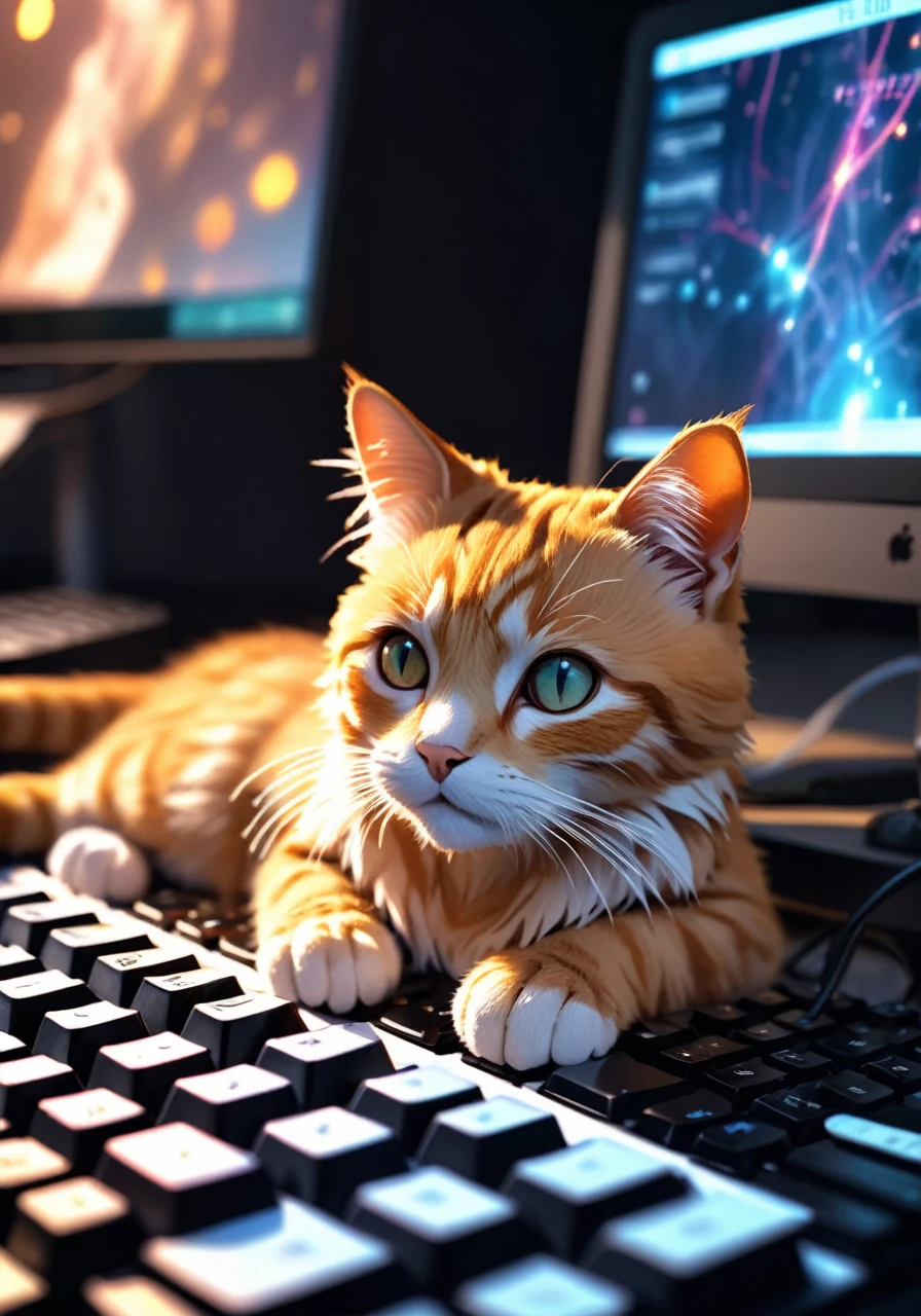 High resolution,Best Quality,natural, Cat pressing keys on a computer keyboard, cinematic photo official art, 8K Wallpaper,ultra detailed, aesthetic quality,photorealistic,entangle,dynamic angle,The most beautiful form of chaos.,elegant,a brutalist designed,vivid colors,romance,atmospheric . 35mm photography, movie, bokeh, professional, 4k, Very detailed, realistic skin detail, ultra realistic,perspective