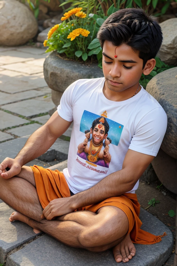Create a Realistic High Quality image of LORD HANUMAN is depicted in meditation . Sitting on a Stone. A Realistic 18 year old boy Wearing Saffron T-shirt sprinkles flowers to HANUMAN and performs Pooja , Hanuman ji giving blessings to boy,Name "Harish" is written on the Boy's T-shirt. The Background features "Happy Hanuman Jayanti" in the background. beautiful background view .