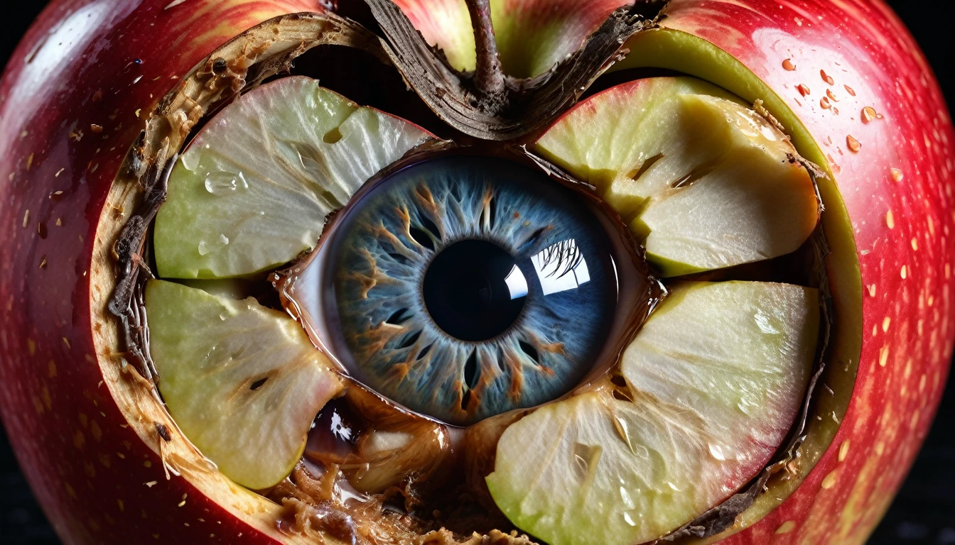 An image of an eyeball inside an apple, half-rotten, Eaten from inside, illustrating internal decay and neglect.