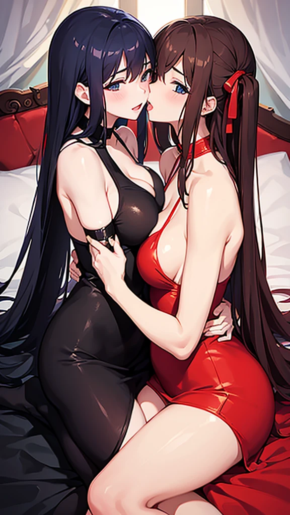 Sexy hot chinese 2 girl big boobs and ass on bed 1 girl licking her chest to 2 girl show  both girls face and sexy body both have red and black bra