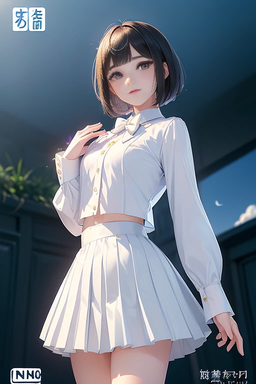 (masterpiece、Highest quality:1.7)、(12 years old:1.5)、(Full body shot:1.7)、((Bobcut、Black Hair))、85mm、16K、Official Art、RAW Photos、Best Beautiful Faces、Close-up、Violet、Gardenia、((The best beautiful girl、very cute))、Red blush on cheeks、((indoor))、(Are standing:1.8)、Film Grain、Chromatic Aberration、Sharp Focus、(((Nice hands、Perfect hands、Perfect Fingers、Thin and delicate fingers、A perfect body without flaws)))、Detailed face、(Slender body:1.5)、(Slim upper body:1.1)、(Small and flat bust:1.7)、(Narrow thighs:1.3)、(Let your bangs hang down:1.8)、(Blushing:1.8)、(Low contrast lighting:1.4)、(襟t付きのwhiteタイトビジネスブラウス:1.5)、((white)Bowtie blouse:1.5)、(Long sleeve: 1.4)、(Very short length(white)Pleated mini skirt:1.8)、(Cover your chest with your palms:1.7),(The wind is blowing up her skirt:1.9),(Low angle from below:1.8)