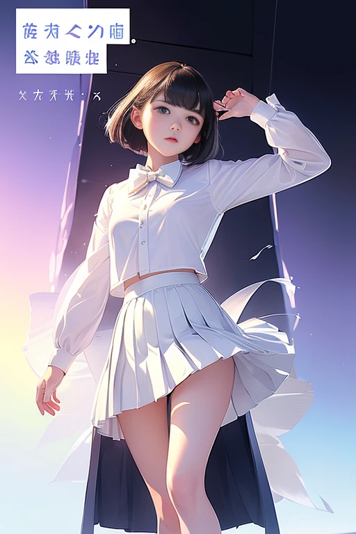 (masterpiece、Highest quality:1.7)、(:1.5)、(Full body shot:1.7)、((Bobcut、Black Hair))、85mm、16K、Official Art、RAW Photos、Best Beautiful Faces、Close-up、Violet、Gardenia、((The best beautiful girl、very cute))、Red blush on cheeks、((indoor))、(Are standing:1.8)、Film Grain、Chromatic Aberration、Sharp Focus、(((Nice hands、Perfect hands、Perfect Fingers、Thin and delicate fingers、A perfect body without flaws)))、Detailed face、(Slender body:1.5)、(Slim upper body:1.1)、(Small and flat bust:1.7)、(Narrow thighs:1.3)、(Let your bangs hang down:1.8)、(Blushing:1.8)、(Low contrast lighting:1.4)、(襟t付きのwhiteタイトビジネスブラウス:1.5)、((white)Bowtie blouse:1.5)、(Long sleeve: 1.4)、(Very short length(white)Pleated mini skirt:1.8)、(Cover your chest with your palms:1.7),(The wind is blowing up her skirt:1.9),(Low angle from below:1.8)