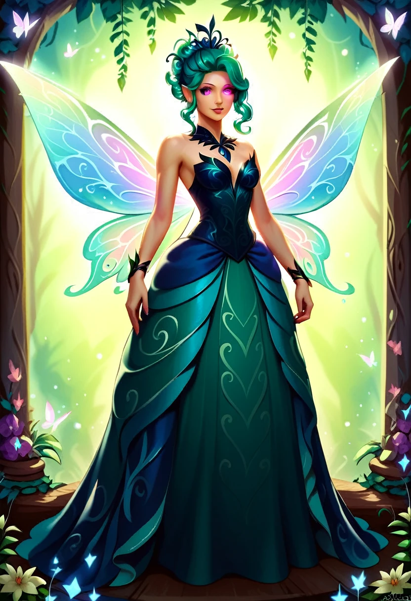 a picture of a jungle fairy, an extraordinary beautiful, elegant beauty, divine beautiful fairy, spread butterfly wings, colorful wings, pink eyes, glowing eyes, blond hair, rich hair, wavy hair, glamour dress, wild dress, dress decorated with jungle flowers,  sitting on massive heliconia tree the rain forest, sun rays coming through the trees, Hyperrealism style, vibrant, Ultra-high resolution, High Contrast, (masterpiece:1.5), highest quality, Best aesthetics), best details, best quality, highres, ultra wide angle, 16k, [ultra detailed], masterpiece, best quality, (extremely detailed) RAW, Cinematic Hollywood Film style, FairyTaleAI, fairy wings,