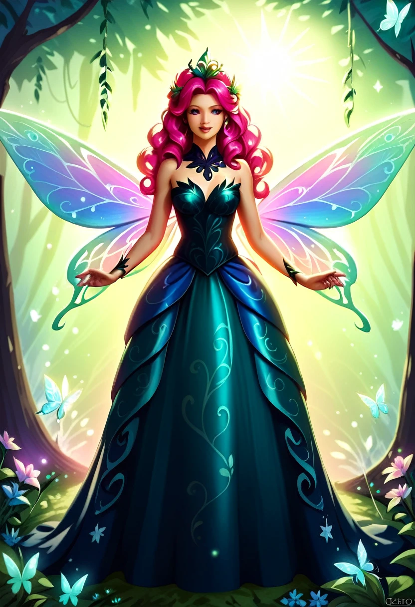 a picture of a jungle fairy, an extraordinary beautiful, elegant beauty, divine beautiful fairy, spread butterfly wings, colorful wings, pink eyes, glowing eyes, blond hair, rich hair, wavy hair, glamour dress, wild dress, dress decorated with jungle flowers,  sitting on massive heliconia tree the rain forest, sun rays coming through the trees, Hyperrealism style, vibrant, Ultra-high resolution, High Contrast, (masterpiece:1.5), highest quality, Best aesthetics), best details, best quality, highres, ultra wide angle, 16k, [ultra detailed], masterpiece, best quality, (extremely detailed) RAW, Cinematic Hollywood Film style, FairyTaleAI, fairy wings,