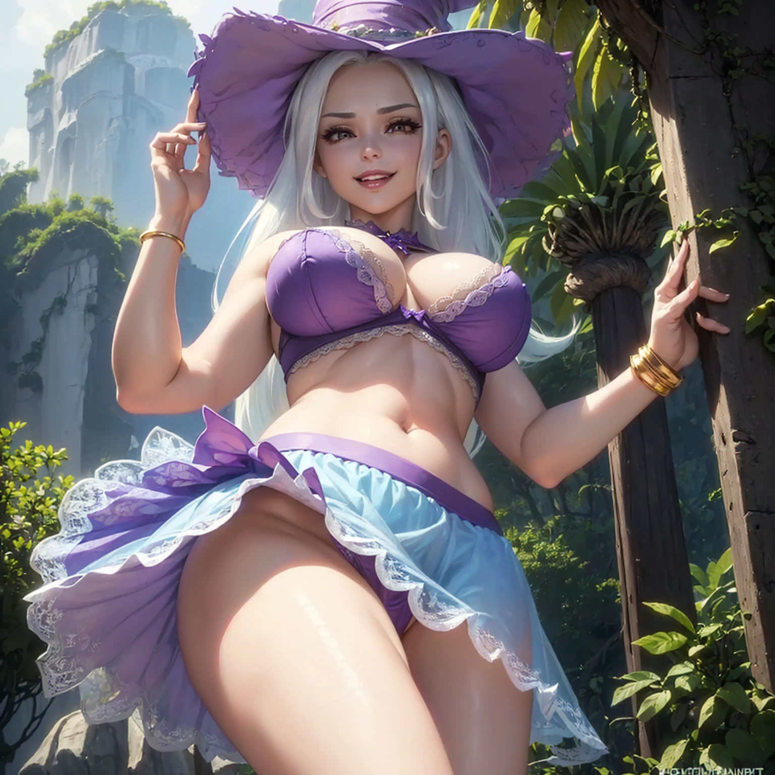 (((beautiful female body))),(((trixie as a sweet charming hot seductive horny model))), (((very long blue white hair))) ,(((stand hold a blue lace skirt with hands)))), (((outdoor))),(((jungle in background))),(((lewd and erotic posing))), (((happy wicked smile))) ,(((wear light purple sheer lace transparent see through very short bra))) , (((((upskirt view))))) , (((witch hat))),breasts are visible , (((wear high heels))) , (((full body))),golden bracelets , (((perfect big breasts))) , lush breasts , Bulky Breasts , voluminous breasts ,(((peeping the viewer))),(((bare belly))),(((side close upskirt view)))