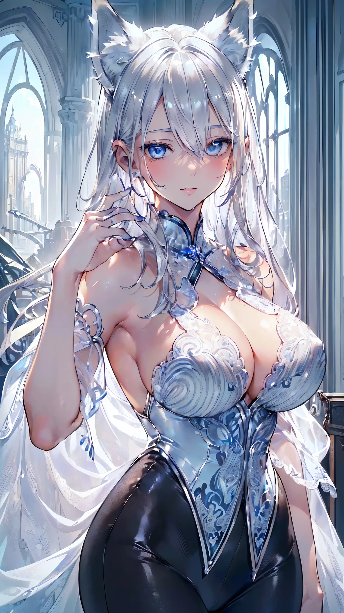 (((Masterpiece))), (((Highest quality))), ((Ultra-detailed)), ((Super fine illustration)), ((Ultra-fine painting)), (16K highest quality wallpaper:1.4), (Upper body:1.6), HDR, (Highly detailed and delicate illustration style:1.8), Detailed skin texture, Detailed cloth texture, Extreme detailed description, (T-masterpiece), (Highly detailed face:1.4), (Highly detailed silver fox ears:1.2), (Highly detailed silver hair:1.2), (Highly detailed blue eyes:1.2), Original, RAW photo, Professional, Intricate details, Super details, (Perfect anatomy:1.4), (Highly detailed hands:1.2), (Highly detailed fingers:1.2), (Highly detailed fingertips:1.2), (27-years-old), (Solo:1.6), ((A beautiful and attractive silver (fox) female model:1.4)) BRAKE (Beautiful and adorable silver fox ears:1.6), (Highly detailed and delicate silver fox ears:1.2), (Beautiful and well-shaped big breasts:1.2), (Beautiful and well-shaped buttocks), (Beautiful and shiny silver hair:1.6), (Highly detailed and delicate silver hair:1.2), (Beautiful and clear blue eyes:1.6), (Highly detailed and delicate blue eyes:1.2), (Highly detailed face:1.4), (Smile:1.3), (Blush:1.2), (Looking at viewer:1.4) BRAKE (She is wearing a (black and white) office staff suit:1.4) BRAKE ((A very beautiful and elaborate cityscape in the background just after a summer afternoon:1.4)) BRAKE 