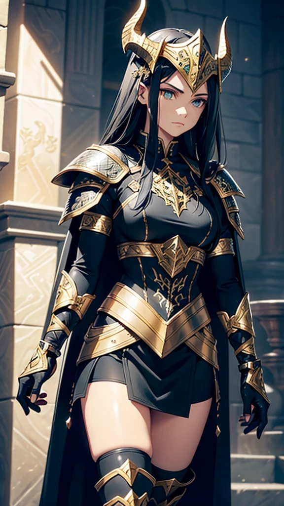 greeneyes, and black hair, the archer, wears black armor made of dragon scales, with gold and silver details. The breastplate has an emblem of a black flame intertwined with a ray of golden light.. The imposing shoulder pads resemble dragon wings, adorned with shining gems. Leather bracers reinforced with scales and glowing runes run down the arms. Black leather gloves with silver metal reinforced fingers and rune markings on the palms. The skirt is made of leather reinforced with scales, with greaves carved in silver and gold on his legs. Sturdy boots reinforced with dragon scale plates and small retractable heel blades. Helmet adorned with dragon horns and gold details, with display decorated with glowing runes. She wears a long black cloth cape lined with dragon scales.. His bow shines with a golden glow and has dragon horn ornaments on the ends., with a magic rope