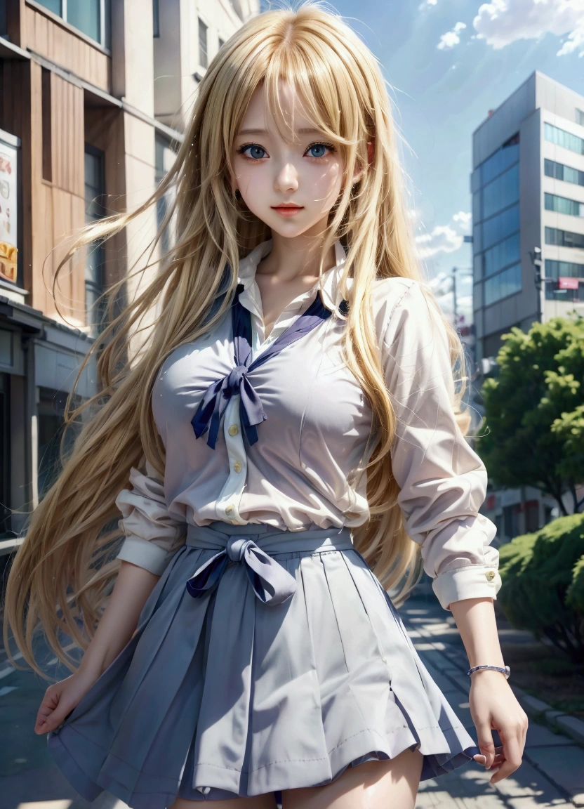 anime girl in a walking down a street, blonde anime girl with long hair, anime girl with long hair, beautiful anime high school girl, anime visual of a cute girl, a hyperrealistic , smooth anime cg art, young anime girl, portrait of an anime girl, beautiful anime portrait, portrait anime girl, pretty anime girl, attractive anime girl