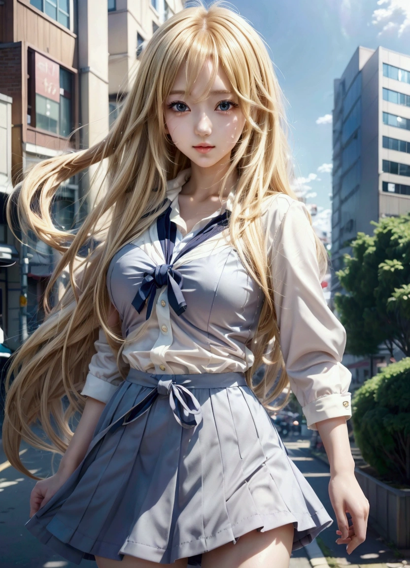 anime girl in a walking down a street, blonde anime girl with long hair, anime girl with long hair, beautiful anime high school girl, anime visual of a cute girl, a hyperrealistic , smooth anime cg art, young anime girl, portrait of an anime girl, beautiful anime portrait, portrait anime girl, pretty anime girl, attractive anime girl