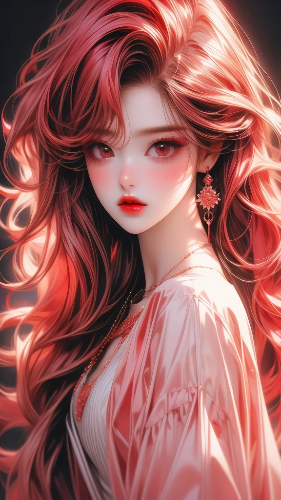 a very attractive girl with red hair wearing jewelry and pink lipstick looks sad, 1girl, solo, jewelry, red hair, earrings, long hair, messy hair, eyelashes, looking at viewer, red lips, necklace, parted lips, red eyes, black background