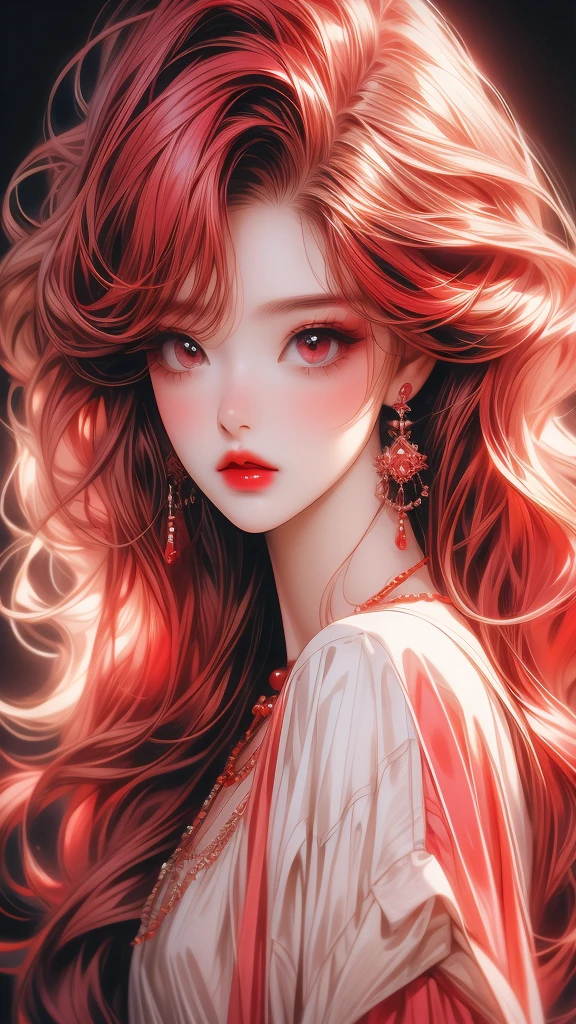 a very attractive girl with red hair wearing jewelry and pink lipstick looks sad, 1girl, solo, jewelry, red hair, earrings, long hair, messy hair, eyelashes, looking at viewer, red lips, necklace, parted lips, red eyes, black background