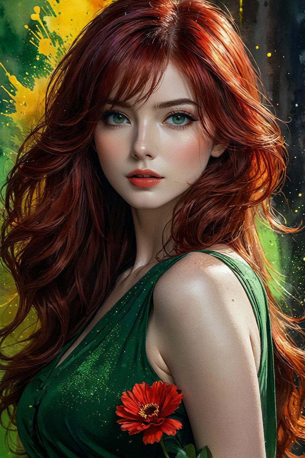(((full medium shot))), (Masterpiece, photorealistic, photorealism, best quality, ultra-detailed: 1.3), (beautiful hands, perfect hands), beautiful thighs, official art, cinematic light, (1 girl: 1,3), adult, young lady, long curved red hair, oil and watercolor painting, (sketch: 1,1), limited palette, bright green eyes, fleshy red mouth, red hair with light highlights, skin bright, empty eyes, (lips: 0.4), (watercolor: 0.8), (ink splatters: 1.2), (flesh griffiths: 1.2), red flower background, masterpiece, cinematic shadows, deep shadows, details intricate, award-winning, beautifully lit, cinematic lighting, ray tracing, dynamic angle, dynamic pose, full body shot, vibrant, beautiful, painterly, detailed, textural, artistic, sharp focus, very inspiring, innocent, elegant, impressive, rich , elite, epic, professional, surreal, extremely complex, highly colorful, color balanced background