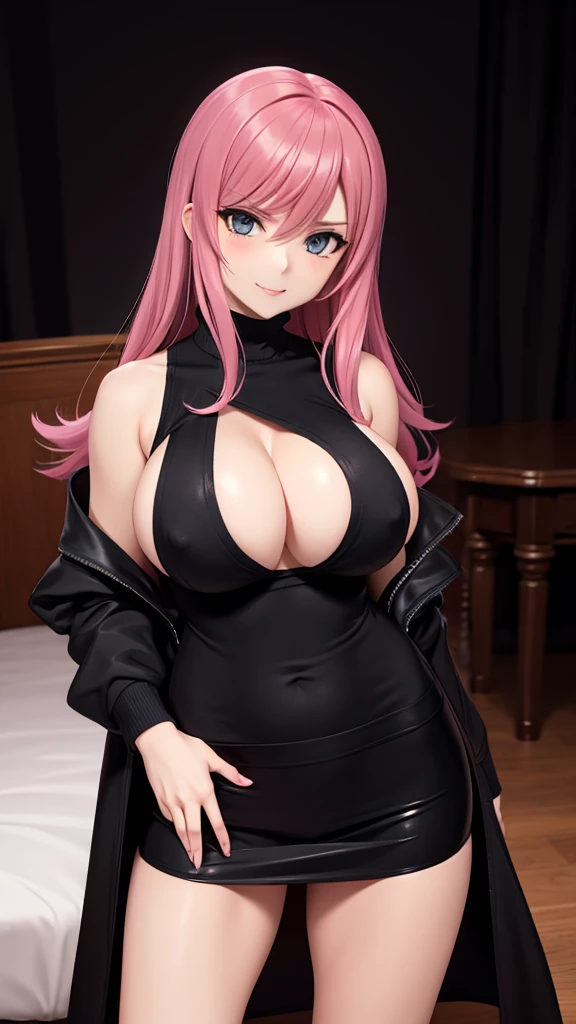 Erotic、Fire Emblem Lindis、Big Breasts、Black sleeveless sweater mini skirt Pink line、Evil female executive、tall、sexy、Erotic Sneer、lure、Alluring、Pitch black background、Dark bedroom at night、Open long coat jacket
