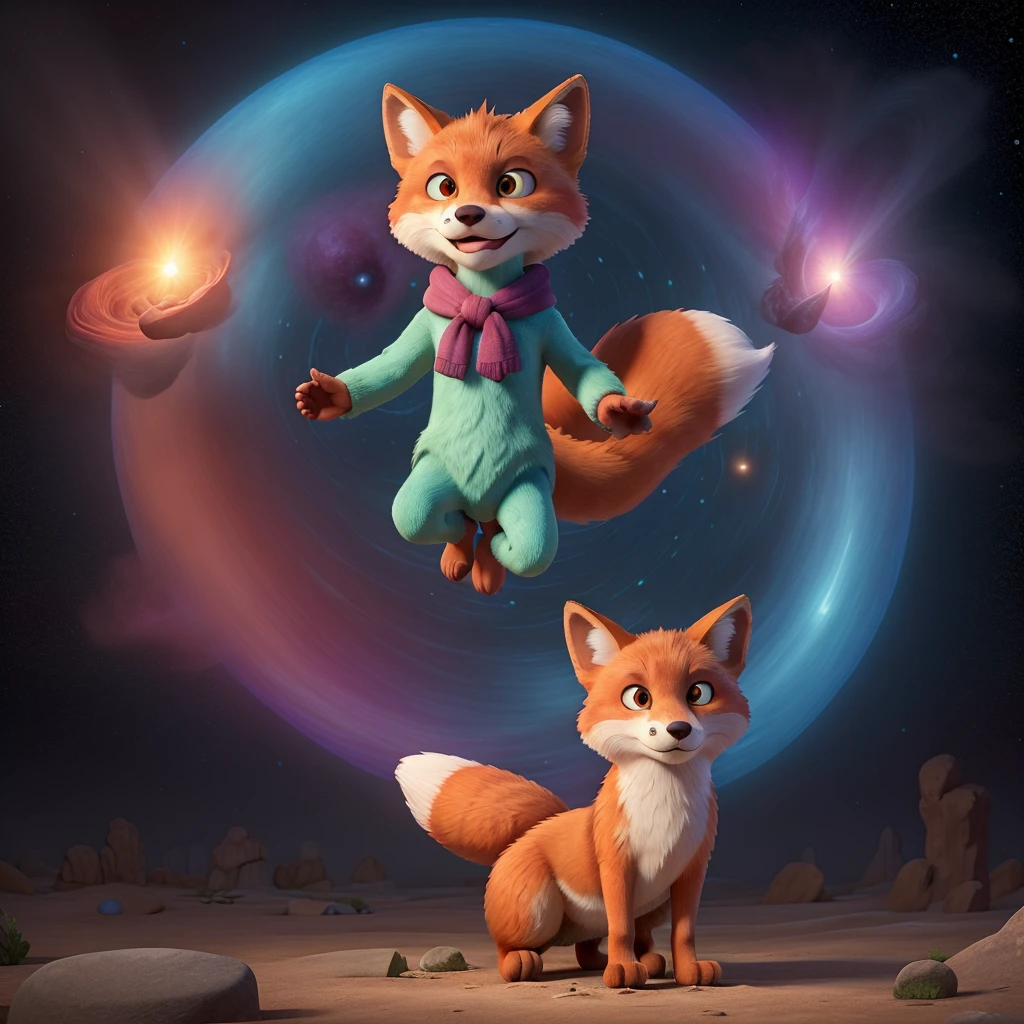 A majestic colorful human fox god, bright and radiant with pure light and color, o Polychrome emerges from the center of the universe, emanating creative power.