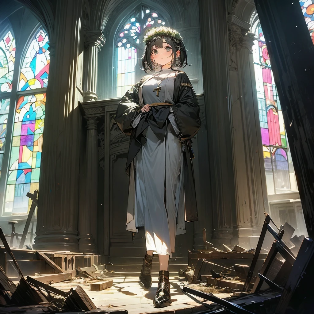(solo), 1 skinny nun, sheer black nun's robe, large breasts, BREAK, black short hair, long sidelocks, black eyes, BREAK, short torso, skinny waist, skinny long legs, BREAK, old rotten church, devastated ruin, stained glass