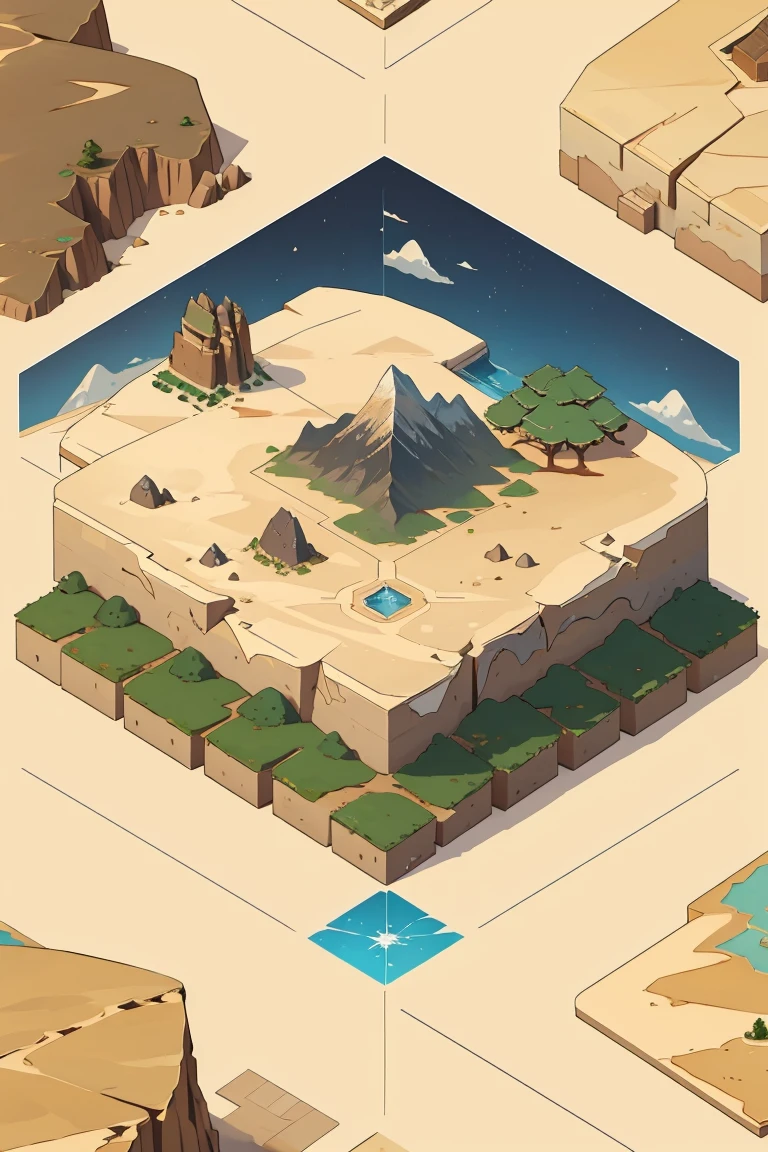 isometric world map of desert region, mountain plateaus, deserts, 100 x 100 km