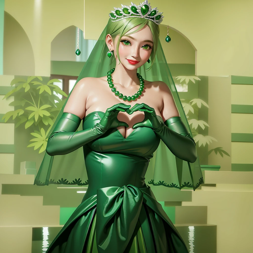 Emerald tiara, Green Pearl Necklace, ボーイッシュな非常に短いGreen Hair, Green Lips, Smiling Japanese woman, Very short hair, Busty beautiful lady, Green Eyes, Green satin long gloves, Green Eyes, Emerald Earrings, Green veil, Heart with both hands, Green Hair, Beautiful Japanese Woman, Heart shaped hands:1.3, green lip gloss, Pregnant women