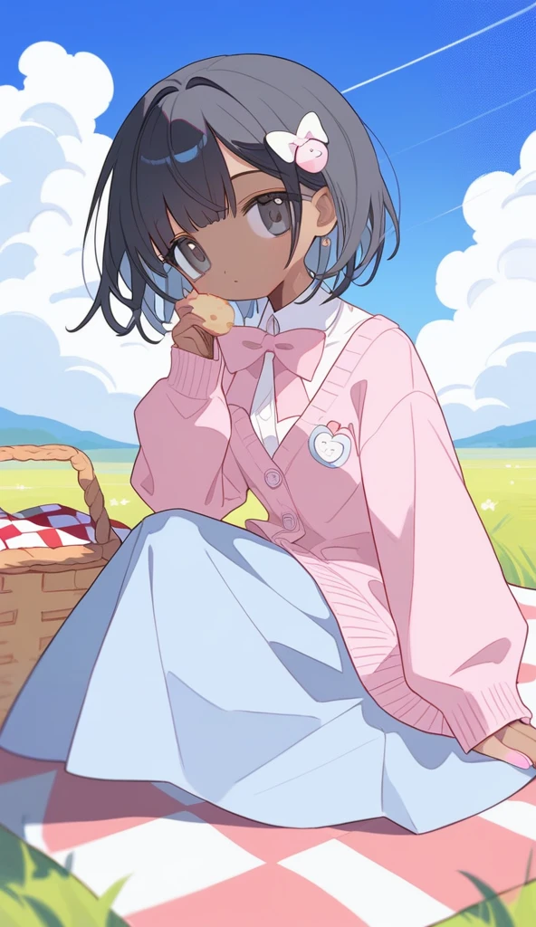 1girl,solo,core_9,score_8_up,score_7_up,Expressiveh,rating_safe,(masterpiece, best quality), 

straight hair,straight bangs,dark skin,black eyes,pastel pink long skirt,pink crocs,pastel pink cardigan with buttons and bow,pink bow on hair,black hair,black hair,grass,picnic blanket,picnic basket,picnic food,blue sky,clouds,sun