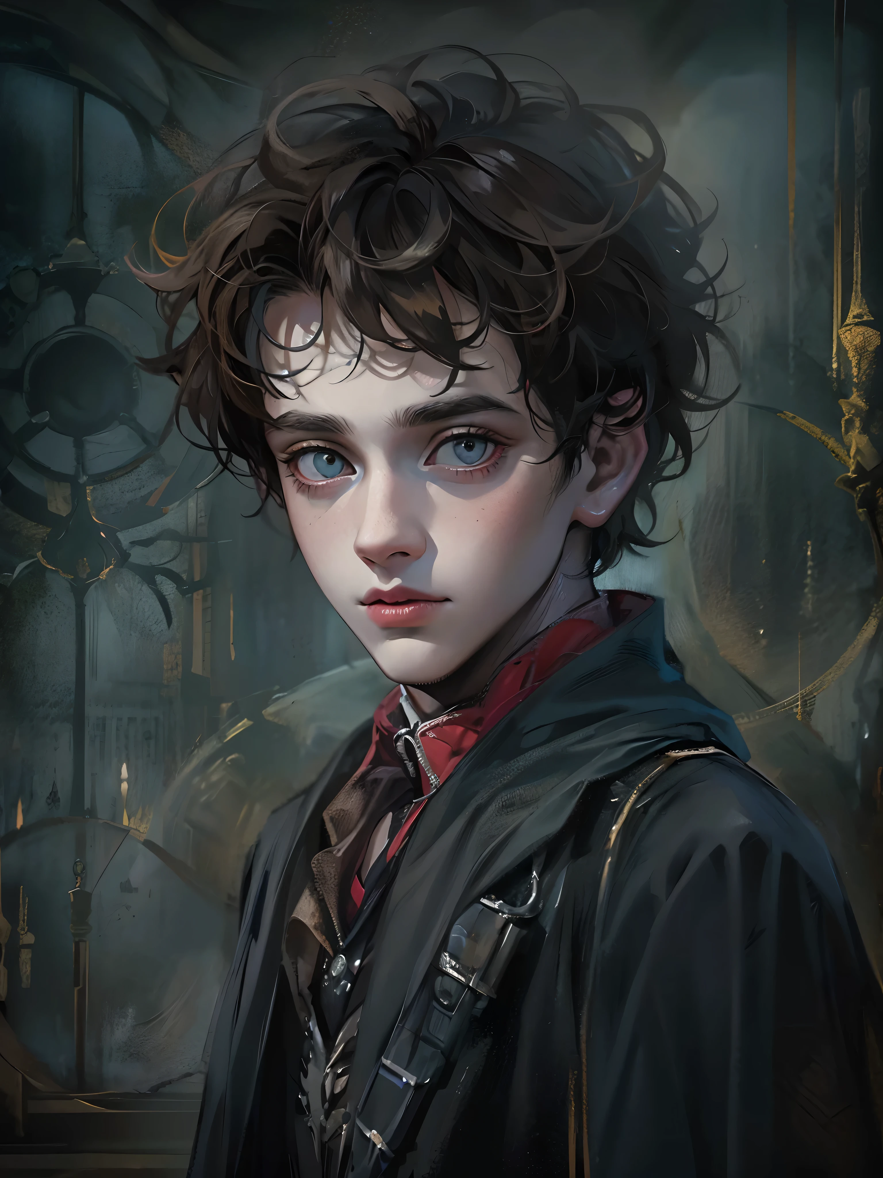 Absurdres masterpiece HDR high quality picture of a young handsome character from Harry potter portrait with a Tim Burton theme style