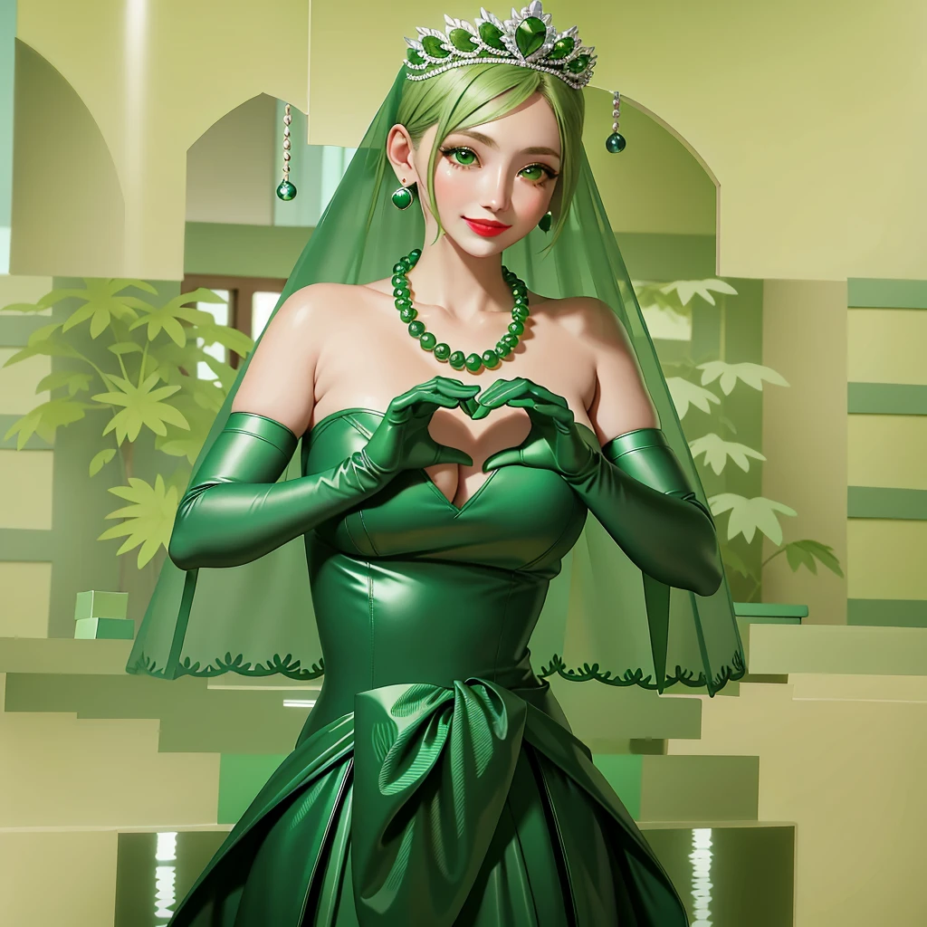 Emerald tiara, Green Pearl Necklace, ボーイッシュな非常に短いGreen Hair, Green Lips, Smiling Japanese woman, Very short hair, Busty beautiful lady, Green Eyes, Green satin long gloves, Green Eyes, Emerald Earrings, Green veil, Heart with both hands, Green Hair, Beautiful Japanese Woman, Heart shaped hands:1.3, green lip gloss