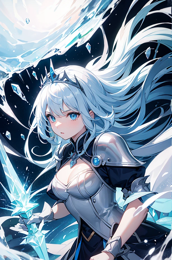 4k,hight resolution,One Woman,White-blue hair,Longhaire,Blue eyes,knights,Ice armor,Princess Tiara,Crystal Sword,Land of Ice