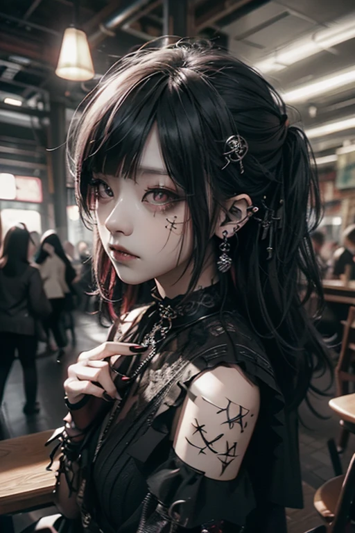 (Photorealistic:1.4, Tabletop:1..3, 8k), masterpiece, Ultra-high resolution, Highest quality、8k、masterpiece:1.3、Gothic Punk、Full Body Shot、Red Eyes、The inside color is red、Black-haired、hair ornaments、Beautiful girl、creative、Dark Fantasy Style、Neogoth、Goth Fashion:1.2、The background is the library、Mr.々poses shooting photos
