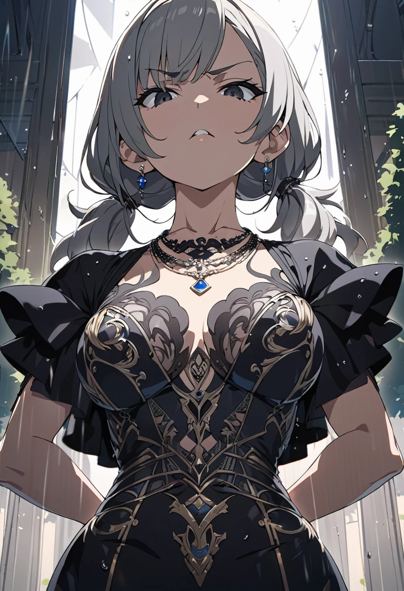 masterpiece, best quality, high quality, detailed, ultra detailed, hyper detailed, insanely detailed, exquisite, beautiful, woman, glaring, standing, looking at viewer, hands on hips, arms crossed, short twintails, multicolored hair, black hair, brown hair, silver hair, black eyes, tall, glamorous, voluptuous, necklace, piercing, in the park, in the afternoon, with rain, cel anime, upper body, headshot, front view, from below, framing composition, golden ratio, triangular composition