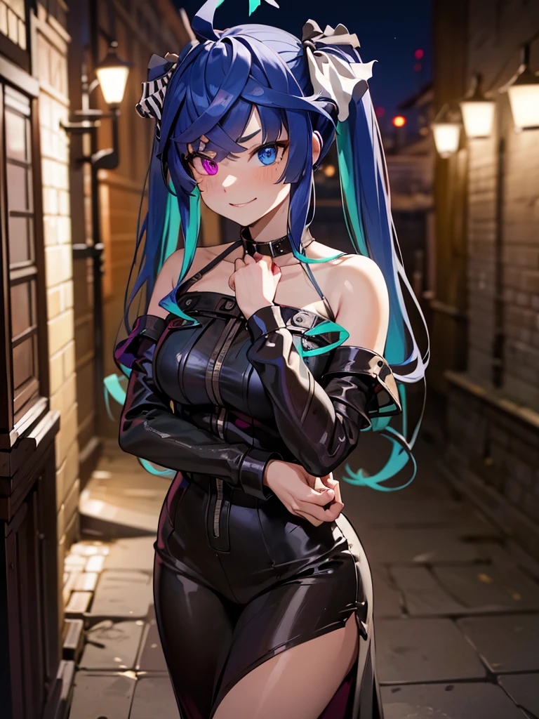 (Masterpiece, best quality, high res、highly detailed cg: 1), ‘Looking for a hooker?’ and a prostitute invites a man to join her. The scene is dominated by a prostitute touting on a quiet, deserted street at night. She is flirtatious with an upward glance. Twin_Turbo_Umamusume, aqua hair, twintails, heterochromia, purple eyes, blue eyes, sharp teeth, nsfw, short stature, grin
