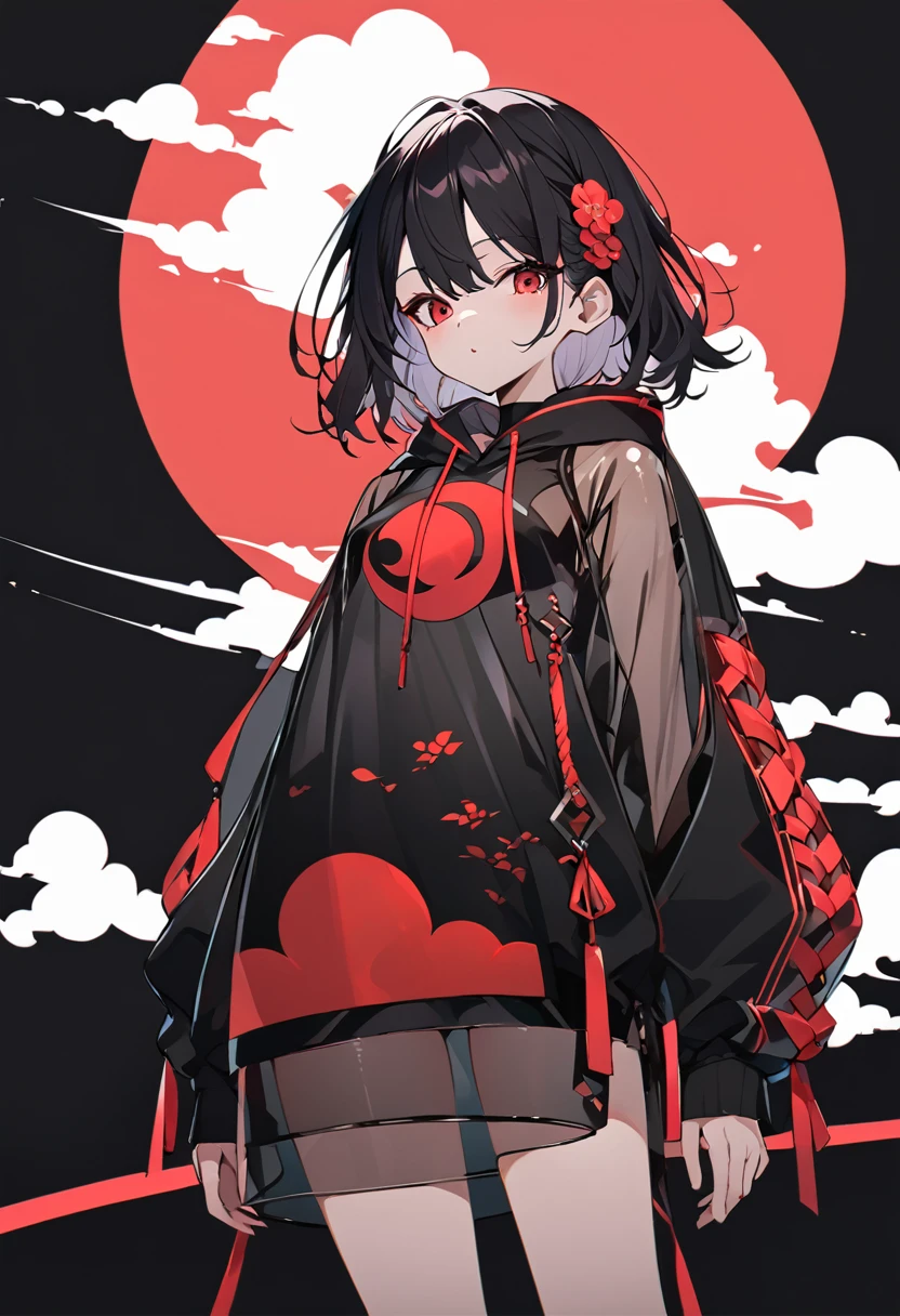 Red Cloud,Girl with red cloud motif,sexy,Accentuated body lines,Pitch black background,Ultra see-through Japanese style hoodie,(A body line where clothes are visible),See-through inner,Angle from below,