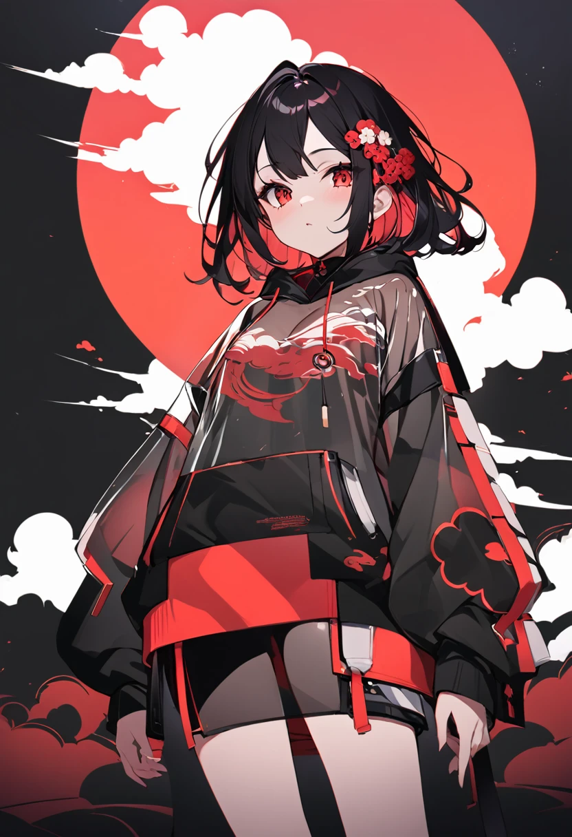 Red Cloud,Girl with red cloud motif,sexy,Accentuated body lines,Pitch black background,Ultra see-through Japanese style hoodie,（A body line where clothes are visible）,See-through inner,Angle from below,