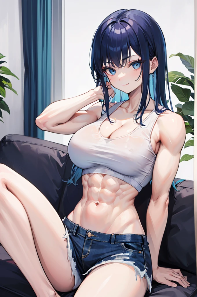 1girl, solo, (blue hair, blue eyes, long hair, bangs:1.0), (large breasts, muscular shoulders, muscular arms, narrow waist, petite:1.1), (white shirt, cleavage, bare shoulders, bare arms, bare legs, denim shorts, midriff peek:1.0), light smile, indoors,