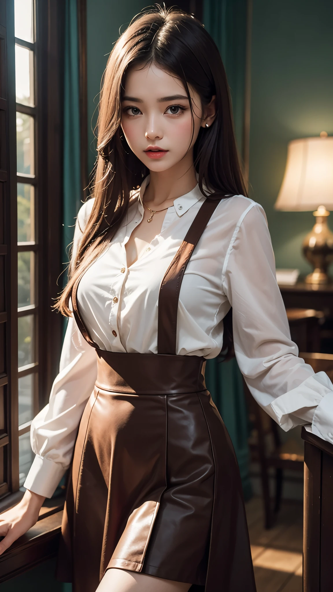 (Best quality,8k,high resolution,masterpiece:1.2)，Digital Artwork，A girl，Delicate face，Delicate eyes，Dark brown hair，Straight Hair，Shining amber eyes，Red lips，suspender long skirt，particle，dust，Warm colors，shy，in love，Eevee drawing，Men&#39;s white collar shirt，necklace，Jewelry，Pretty Face，Large Breasts，more than_Body，Tyndall effect，lifelike，Dark Studio，(HD Skin:1.2)，8k Ultra HD，Soft Light，high quality，Edge lighting，Two-color lighting，Volumetric Lighting，frank，Professional photography，超high resolution，8k，Bokeh，Shallow depth of field