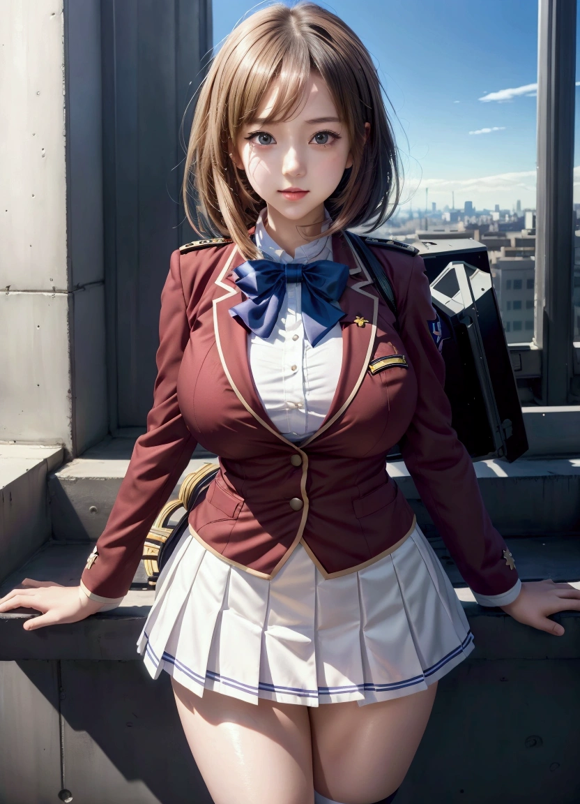 anime girl in uniform posing on ledge with city in background, a hyperrealistic , hanayamata, epic light novel art cover, jk uniform, fine details. girls frontline, light novel cover art, anime cover, kantai collection style, beautiful anime high school girl, epic light novel cover art, realistic , magic