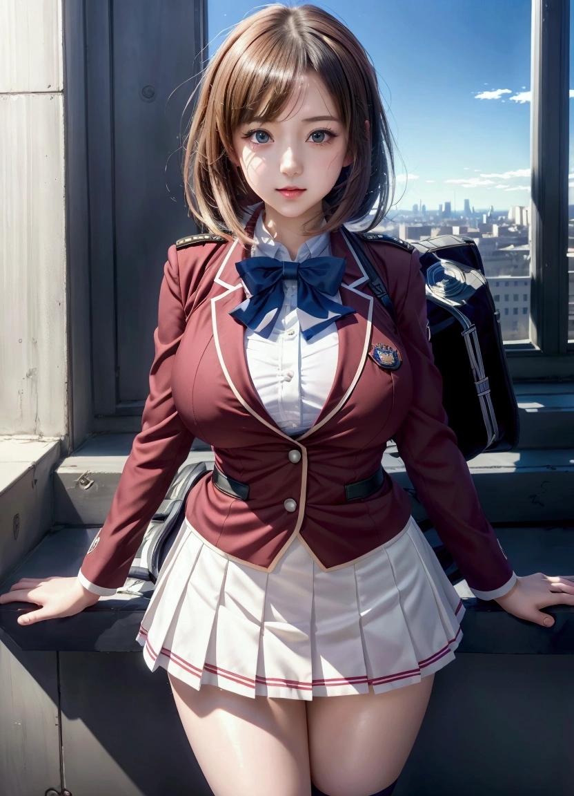 anime girl in uniform posing on ledge with city in background, a hyperrealistic , hanayamata, epic light novel art cover, jk uniform, fine details. girls frontline, light novel cover art, anime cover, kantai collection style, beautiful anime high school girl, epic light novel cover art, realistic , magic 