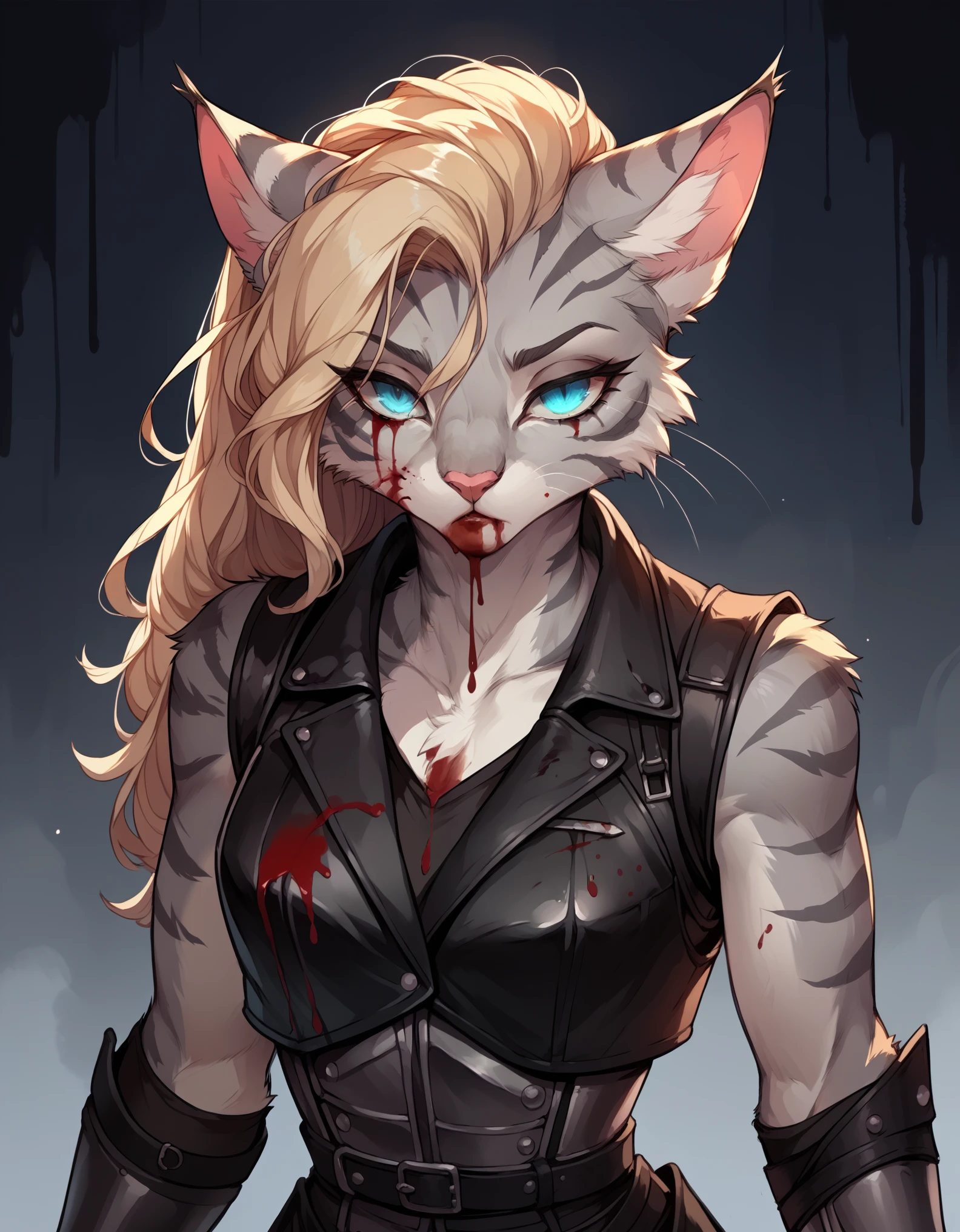 score_9,score_8_up,score_7_up, score_6_up, score_5_up, source_anime, flat colors, no shading, Kat, Anthro furry feline, silver fur, grey stripes on body, blue eyes, long blonde hair, undercut hair, pink nose, :3, wearing black leather armor vest, black cuirass, face covered in blood, furrowed eyebrows, sad expression, soulless eyes, mouth closed, expressionless, (bloody face):2, blood:2, blood on clothes, walking, holding a bloody knife,