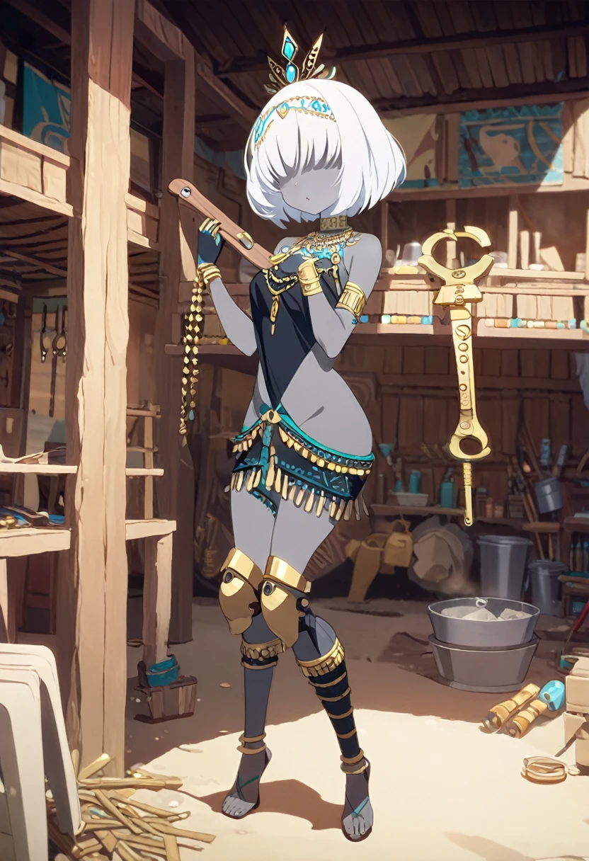 1girl, gold rings, jewelry, necklacke, white hair, very short hair, hair over eyes, grey skin, aqua eyes, black tribal clothing, sleeveless, yellow veil around the arms, turquoise tiara, tribal tiara, golden wrench, workshop, tribal house, prosthetic legs, (masterpiece), best quality, anime style, fullbody
