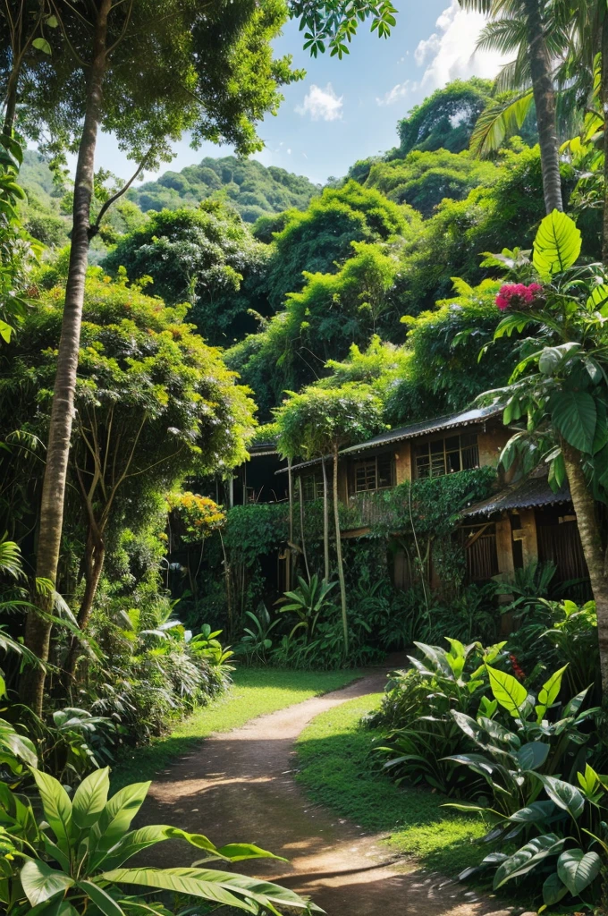 A lush, green jungle filled with vibrant trees and colorful flowers. The sounds of birds chirping and animals chattering create a lively atmosphere. In this beautiful jungle lies a small village where all kinds of animals live in harmony in vector