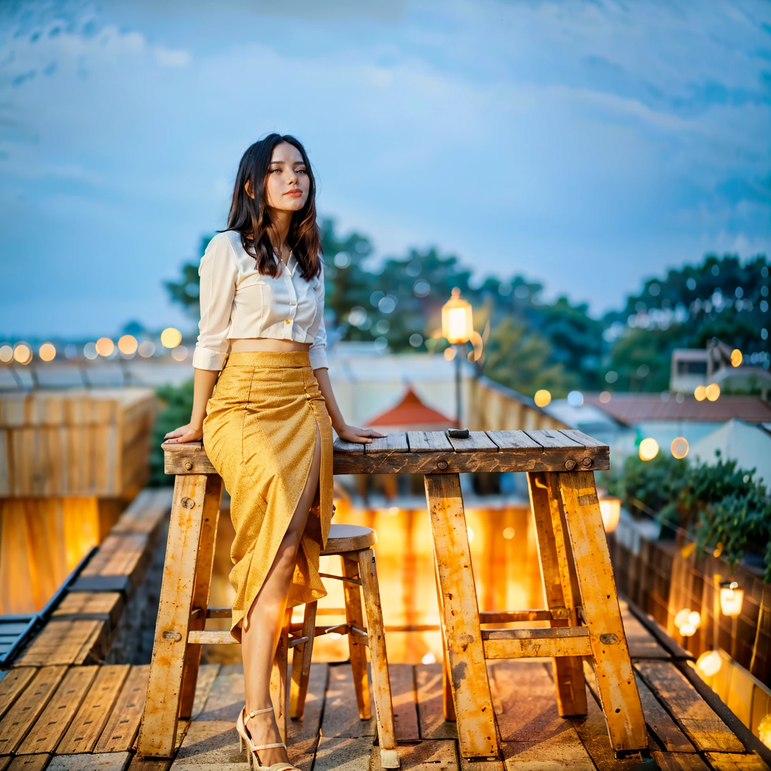 Burmese beautiful woman, 1 girl, solo, pretty lady MoonLay, innocent cute smile, red lips, (stylishly sitting on a stool and seductively gazing to the sky pose:1.5), smooth face skin, traditional beauty, cinematic portrait glow lighting, traditional dress, (white shirt:1.3), (red skirt:1.3), high heel, (full body view:2), (rooftop balcony with vibrant colorful hanging lanterns background:1.5), (cinematic bokeh blur background:1.5), (cinematic camera angle), cinematic lighting, perfect anatomy,