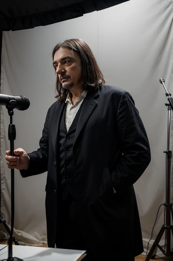 Draw me René Descartes standing in a studio with a white background and a microphone in front of him as if he is recording a song