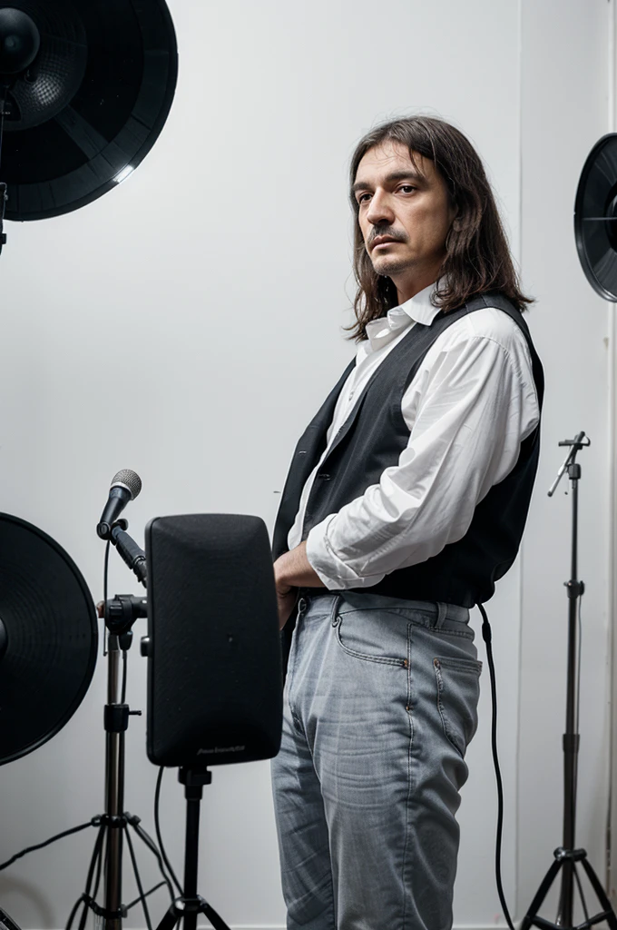 Draw me René Descartes standing in a studio with a white background and a microphone in front of him as if he is recording a song