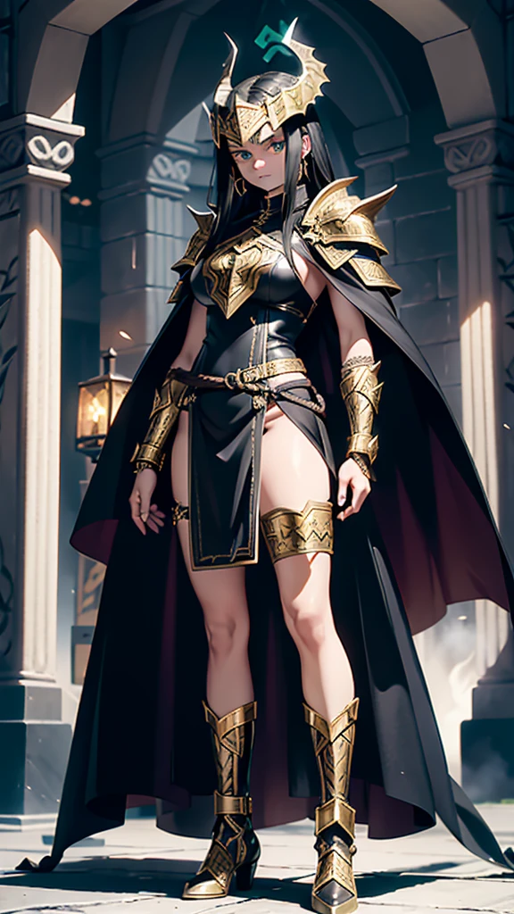 greeneyes, and black hair, the archer, wears black armor made of dragon scales, with gold and silver details. The breastplate has an emblem of a black flame intertwined with a ray of golden light.. The imposing shoulder pads resemble dragon wings, adorned with shining gems. Leather bracers reinforced with scales and glowing runes run down the arms. Black leather gloves with silver metal reinforced fingers and rune markings on the palms. The skirt is made of leather reinforced with scales, with greaves carved in silver and gold on his legs. Sturdy boots reinforced with dragon scale plates and small retractable heel blades. Helmet adorned with dragon horns and gold details, with display decorated with glowing runes. She wears a long black cloth cape lined with dragon scales.. His bow shines with a golden glow and has dragon horn ornaments on the ends., with a magic rope
