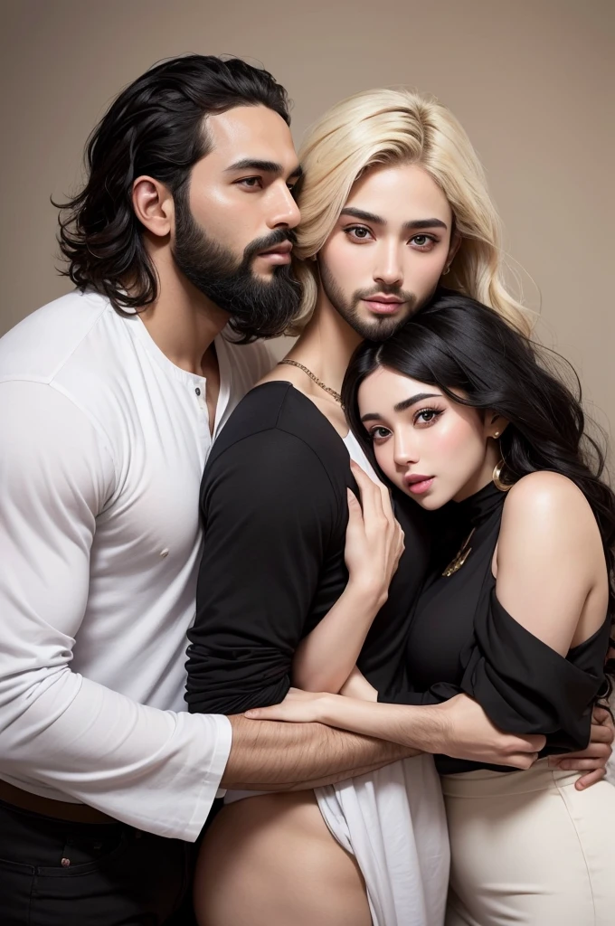 Couple both handsome and hugging she in front of him man with short black hair and beard strong body wearing Arab clothes (don't let him have Arab features) 
the woman (pretty face white skin blonde hair loose and wavy, plump mouth)