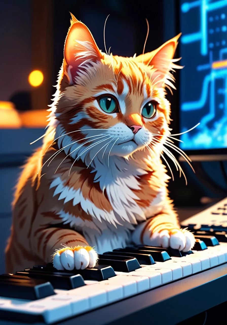 a cute cat typing on a computer keyboard, ghibli style, anime, very pretty, error on screen