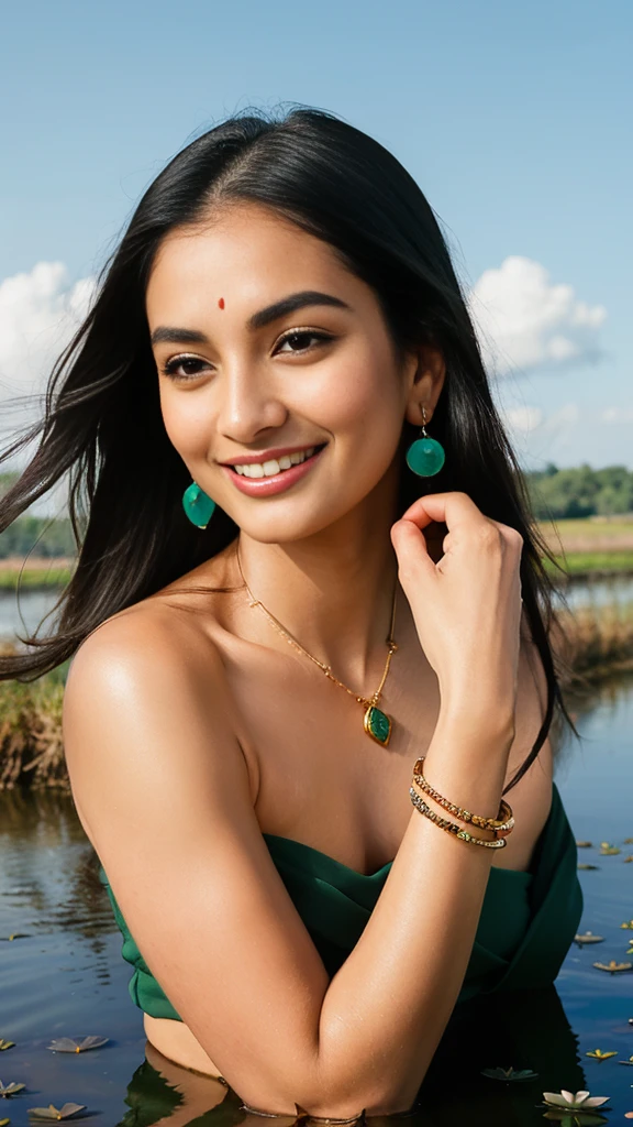"Draw a picture of a beautiful woman. She has long, sleek black hair that is blowing in the wind. Her big eyes and sweet smile enhance the beauty of her face. She is wearing nothing, the whole body is bare. Dangling earrings from her ears and colorful bangles in her hands. Wearing. The background of the woman is a rural scene, with green paddy fields, blue sky, and a small pond, with lotus flowers blooming on her face.