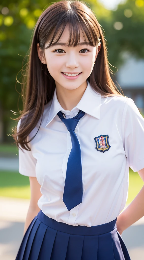 Cute beautiful girl,JK school uniform,Delicate facial features,Look at me and smile,Natural posture,bust,Simple background,Amber hue,masterpiece,high quality,4K resolution,Super Fine,detailed,precise,Movie Lighting, Perspective