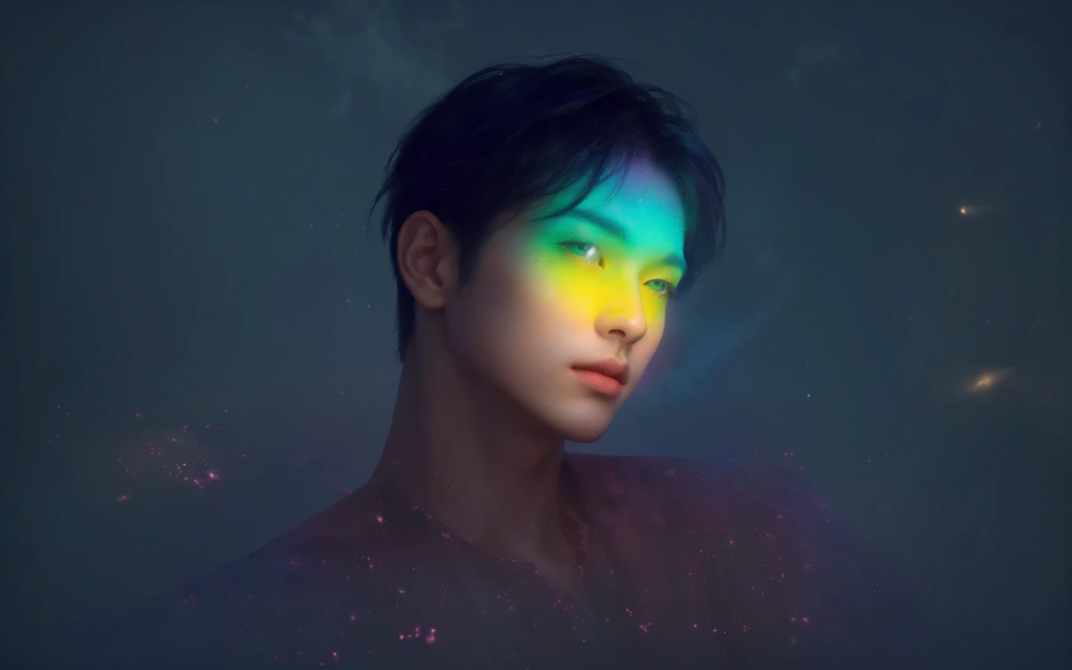 there is a man with a rainbow colored face and hair, inspired by Yanjun Cheng, inspired by Russell Dongjun Lu, inspired by jeonseok lee, yanjun chengt, glowing with colored light, glowing rainbow face, glowing face, by Russell Dongjun Lu, glowing aesthetic, by Yanjun Cheng, inspired by Yeong-Hao Han, human glowing,handsome young man, clean-shaven, unmade-up, prominent chest muscles, soft ethereal glow, rainbow light effects on face, dark foggy background, floating particles, cosmic elements, digital painting, highly detailed, smooth blending, realistic yet slightly fantastical, muted dark tones background, vibrant light effects, contrast between light and dark,A young, ethereal man with short, dark hair and a chiseled jawline, bathed in a soft, otherworldly light. The background is a dreamy, expansive scene with floating islands and ancient ruins, overgrown with luminescent vegetation. A vast, starry sky with swirling nebulae and distant planets forms the backdrop. Ethereal, glowing butterflies flit around the scene, adding a sense of magic and wonder. The color palette features deep blues, purples, and hints of green, creating a mystical, serene atmosphere reminiscent of WLOP's iconic fantasy art style.