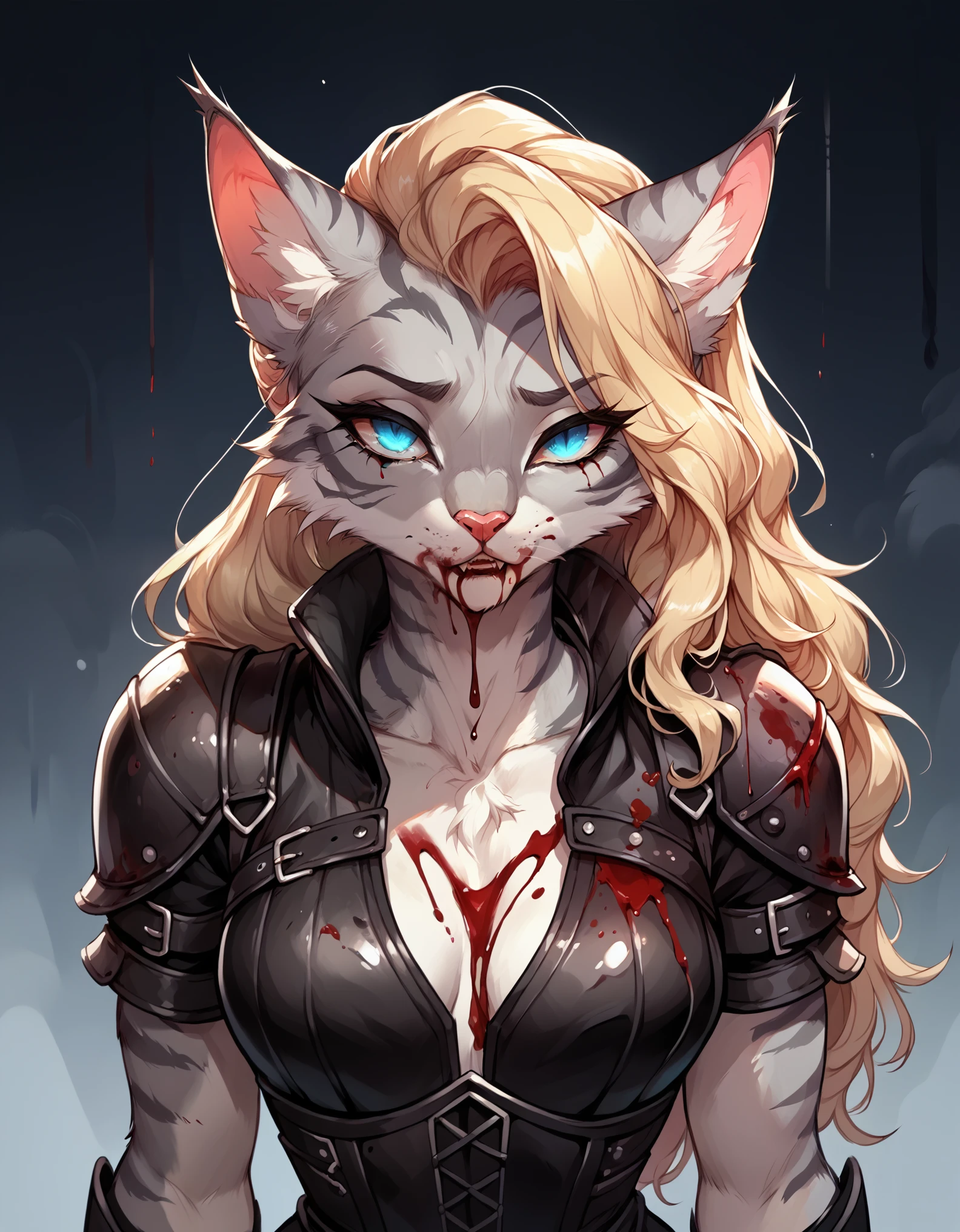 score_9,score_8_up,score_7_up, score_6_up, score_5_up, source_anime, flat colors, no shading, Kat, Anthro furry feline, silver fur, grey stripes on body, blue eyes, long blonde hair, undercut hair, pink nose, :3, wearing black leather armor vest, black cuirass, face covered in blood, furrowed eyebrows, sad expression, soulless eyes, (bloody face):2, blood_covered