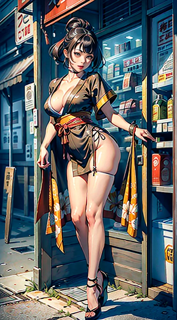 ((Extremely detailed CG unit 8k wallpaper, masterpiece, A high resolution, quality,)), ((one very beautiful woman, of expressions, lush lips, pose like model:1.5,High heel, upper part of body, Japanese style short outer box, Japanese design super lost short sleeves,Japanese patterned robe)), (disheveled black hair, White-skinned, small), ((corner store,the night,Bright street )),Dunk
