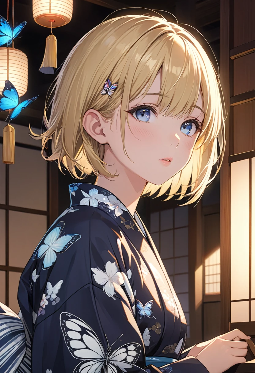 One girl, blonde short hair, wearing a Yukata with a butterfly pattern on a black base,She is relaxing in a Japanese-style room,There is one Japanese wind chime in the room,(((masterpiece))), (((best quality))), ((ultra-detailed)), (illustration), (detailed light),((an extremely delicate and beautiful)),(beautiful detailed eyes),
