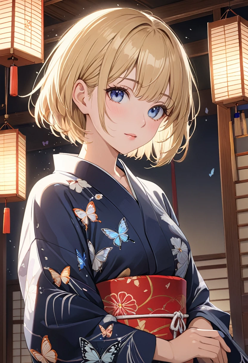 One girl, blonde short hair, wearing a Yukata with a butterfly pattern on a black base,She is relaxing in a Japanese-style room,There is one Japanese wind chime in the room,(((masterpiece))), (((best quality))), ((ultra-detailed)), (illustration), (detailed light),((an extremely delicate and beautiful)),(beautiful detailed eyes),